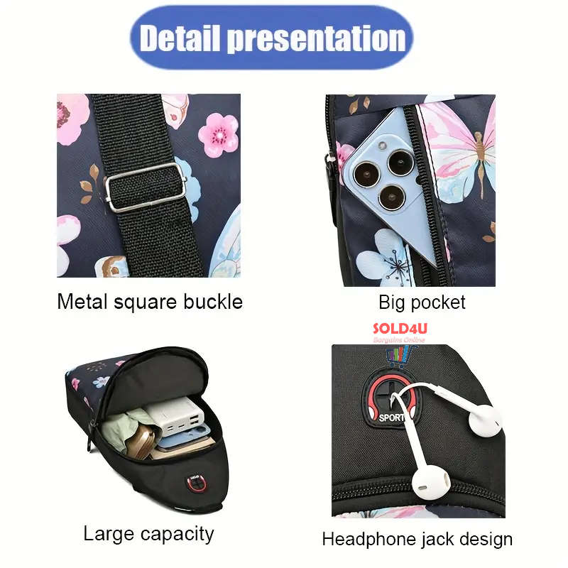 Chest Bag Single Shoulder Crossbody Bag With Earphone Hole (Butterfly) Nylon Lightweight Sling Bag
