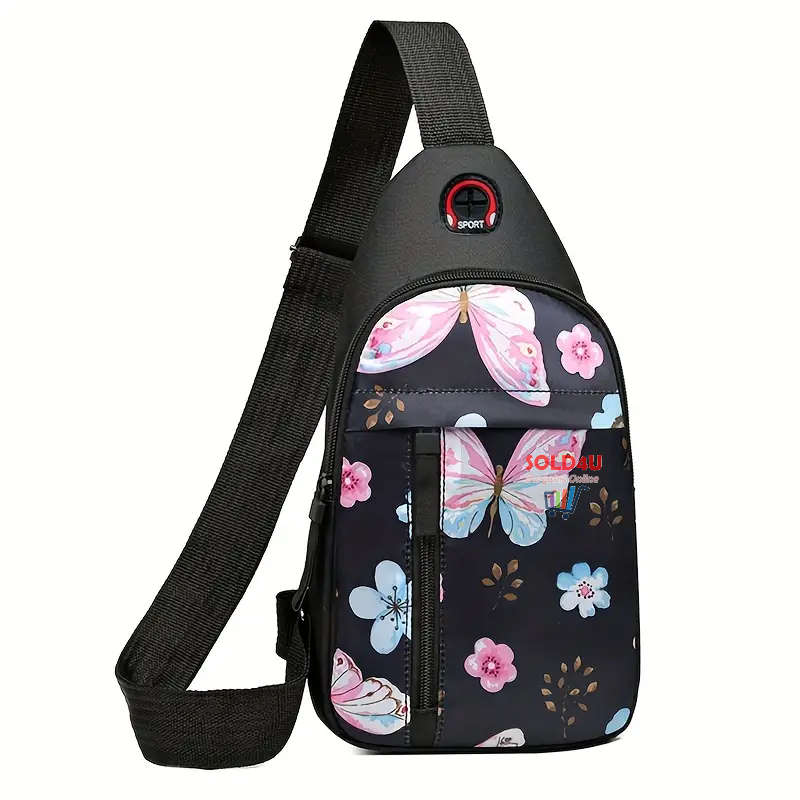 Chest Bag Single Shoulder Crossbody Bag With Earphone Hole (Butterfly) Nylon Lightweight Sling Bag