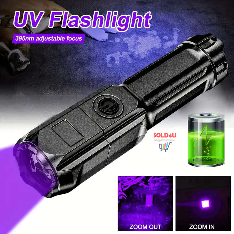 UV Flashlight UV395NM Rechargeable Portable Ultraviolet Torch 3 Modes Zoomable