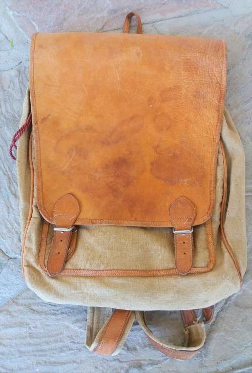 Large vintage leather and canvas backpack