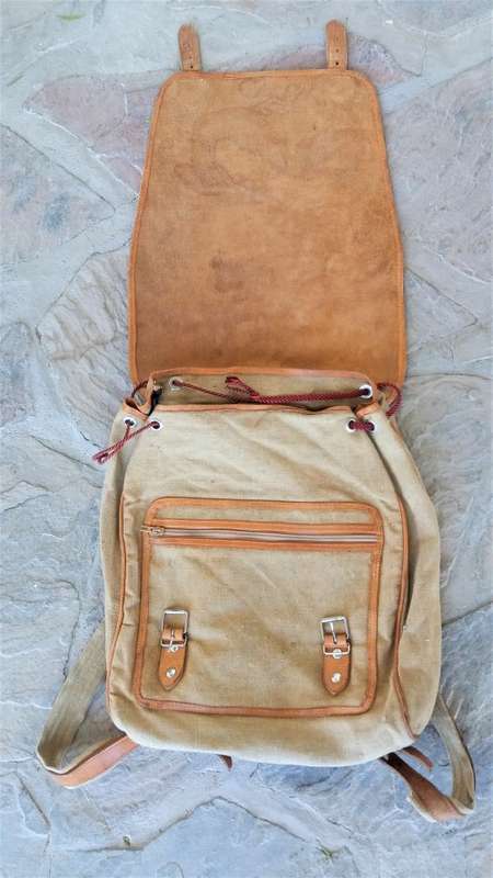 Large vintage leather and canvas backpack