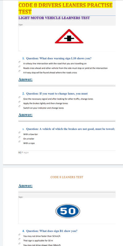 Drivers Learners Practice Test and Answers (Simplified)