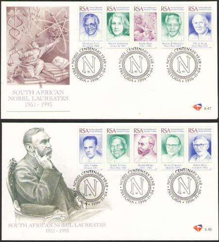 RSA 1996 SA Nobel Laureates set of FDC's (Including Mandela, Tutu, De Klerk) VF unaddressed
