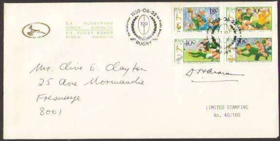 RSA 1989 S.A. RUGBY BOARD SPECIAL FDC SIGNED BY DANIE CRAVEN, SUPERB & RARE.