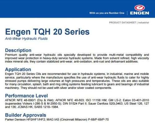 Hydraulic oil:  ENGEN TQH 20/68 in 20 LITRE PAIL