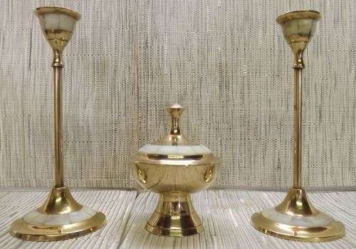 REDUCED BY 25% MOTHER OF PEARL AND SOLID BRASS CANDLE HOLDERS WITH MATCHING TRINKET BOX from SUEZYT