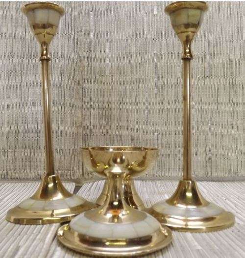 REDUCED BY 25% MOTHER OF PEARL AND SOLID BRASS CANDLE HOLDERS WITH MATCHING TRINKET BOX from SUEZYT