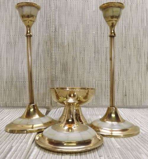 REDUCED BY 25% MOTHER OF PEARL AND SOLID BRASS CANDLE HOLDERS WITH MATCHING TRINKET BOX from SUEZYT