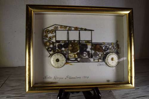 HOROLOGICAL COLLAGES BY L KERSH SET OF THREE MADE FROM CLOCK PARTS from SUEZYT