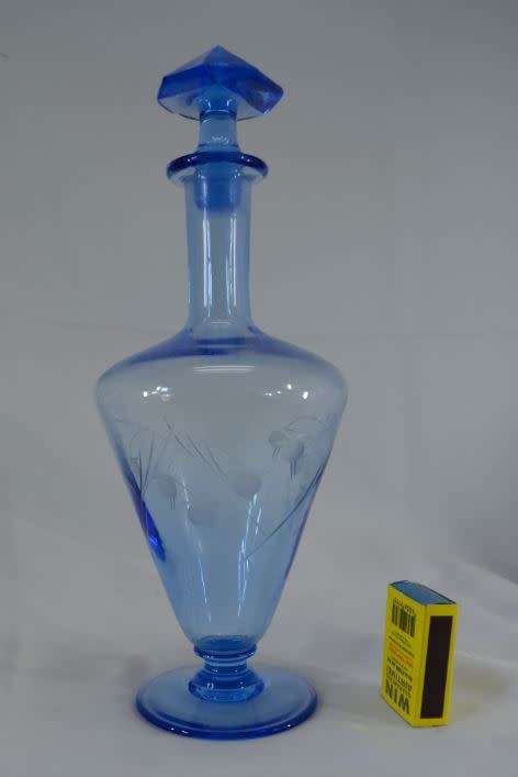 ART DECO CLEAR BLUE GLASS ETCHED DECANTER -  VINTAGE - from SUEZYT