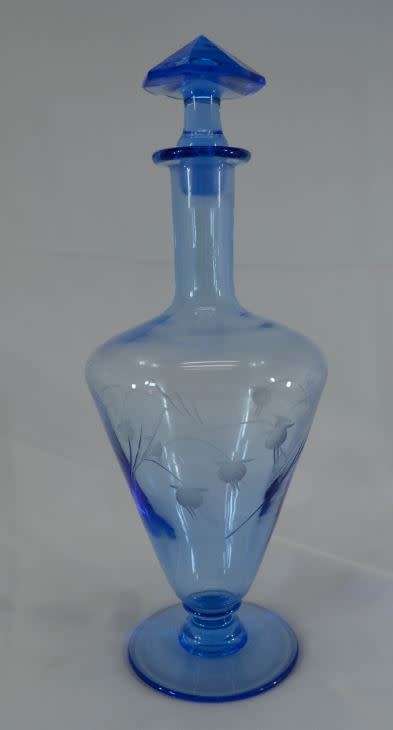 ART DECO CLEAR BLUE GLASS ETCHED DECANTER -  VINTAGE - from SUEZYT