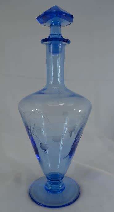 ART DECO CLEAR BLUE GLASS ETCHED DECANTER -  VINTAGE - from SUEZYT