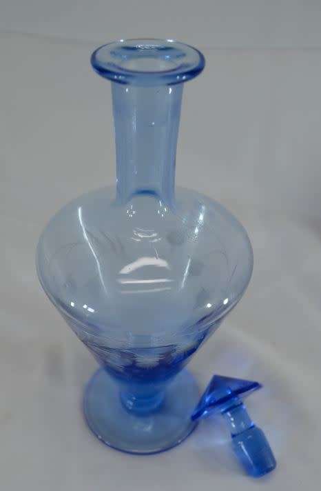ART DECO CLEAR BLUE GLASS ETCHED DECANTER -  VINTAGE - from SUEZYT