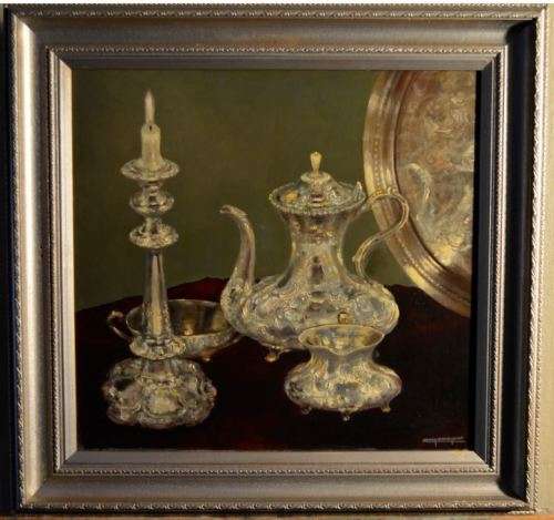 HENRY JOHN DYKMAN ORIGINAL STILL LIFE - SILVERWARE - OILS ON BOARD from SUEZYT