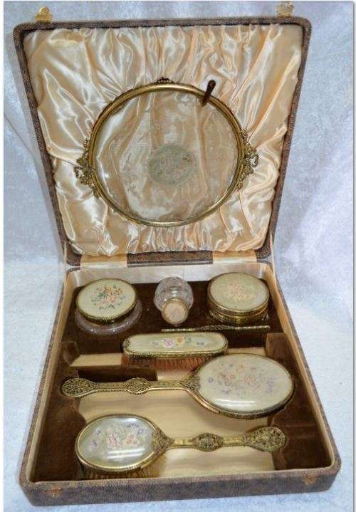 VINTAGE ORMOLU & PETIT POINT VANITY/DRESSING TABLE SET - IN ORIGINAL CASE - from SUEZYT