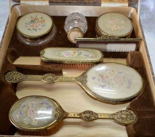 VINTAGE ORMOLU & PETIT POINT VANITY/DRESSING TABLE SET - IN ORIGINAL CASE - from SUEZYT