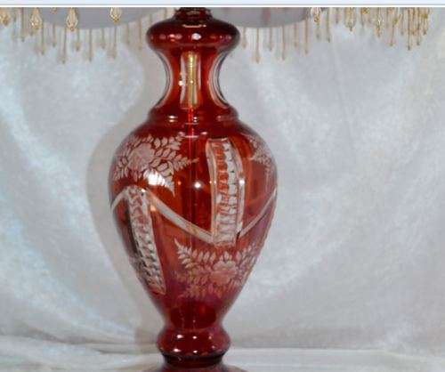STUNNING RED-CUT-TO-WHITE GLASS BOHEMIAN LAMP AND SHADE - from SUEZYT