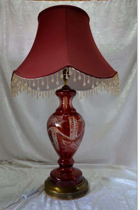 STUNNING RED-CUT-TO-WHITE GLASS BOHEMIAN LAMP AND SHADE - from SUEZYT