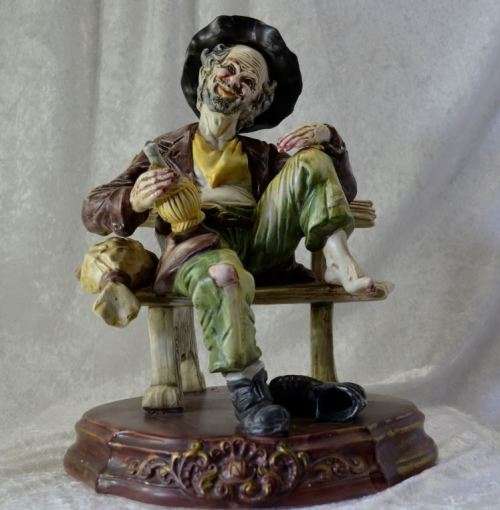 "reserved" LARGE CAPODIMONTE CHARACTER FIGURINE - TRAMP ON BENCH - from SUEZYT