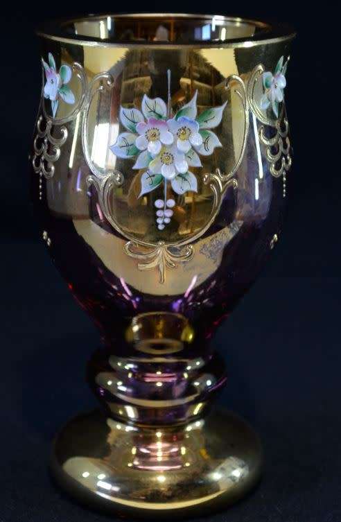 STUNNING CRANBERRY GLASS GOBLET WITH APPLIED ENAMEL DECORATION - from SUEZYT