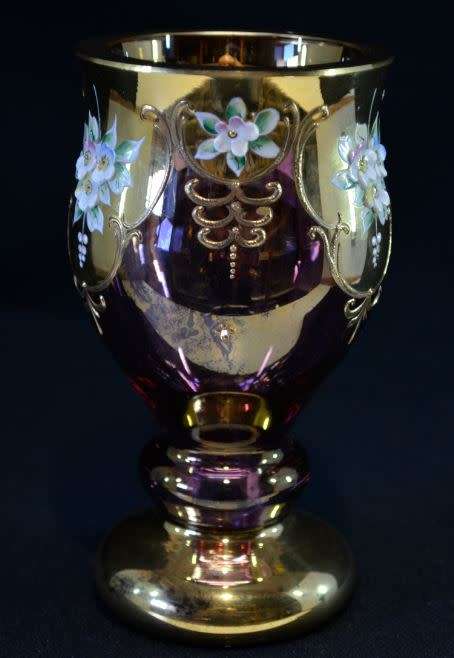 STUNNING CRANBERRY GLASS GOBLET WITH APPLIED ENAMEL DECORATION - from SUEZYT