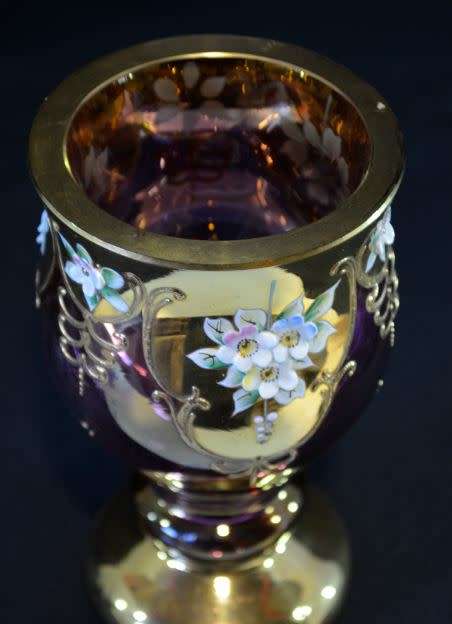STUNNING CRANBERRY GLASS GOBLET WITH APPLIED ENAMEL DECORATION - from SUEZYT