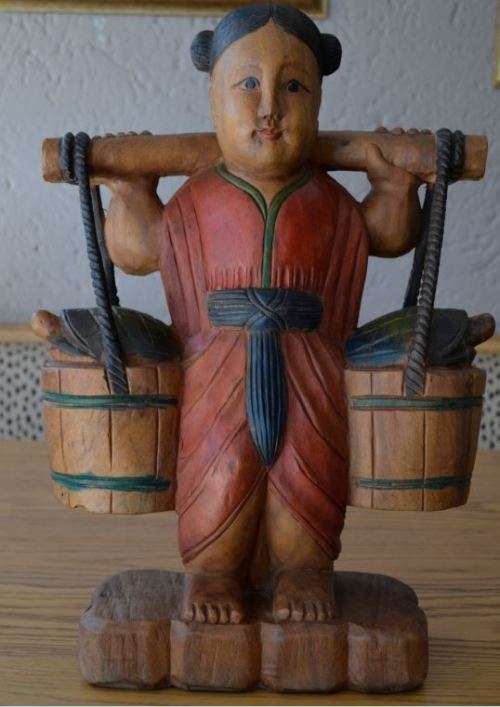 53CMS ASIAN WOOD FIGURINE GIRL WATER CARRIER - from SUEZYT