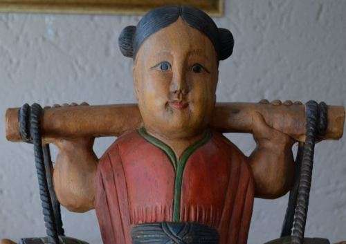 53CMS ASIAN WOOD FIGURINE GIRL WATER CARRIER - from SUEZYT