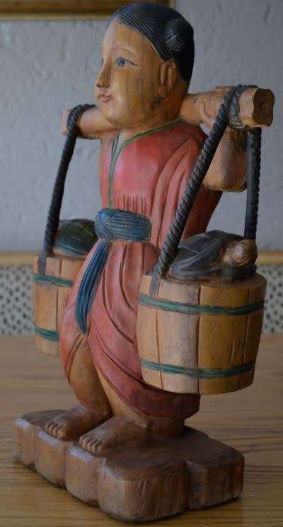 53CMS ASIAN WOOD FIGURINE GIRL WATER CARRIER - from SUEZYT