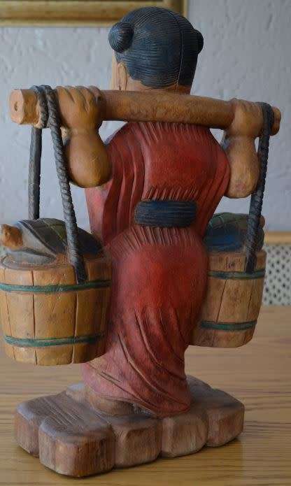 53CMS ASIAN WOOD FIGURINE GIRL WATER CARRIER - from SUEZYT