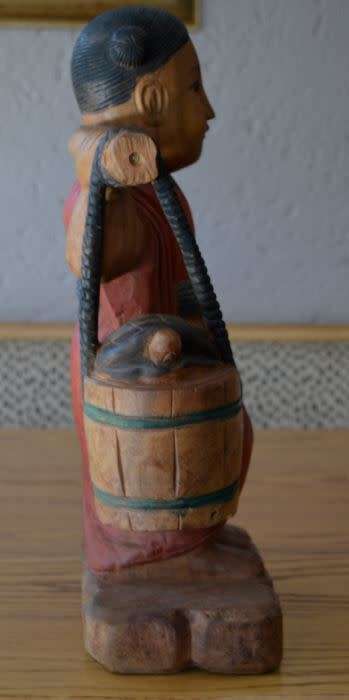 53CMS ASIAN WOOD FIGURINE GIRL WATER CARRIER - from SUEZYT