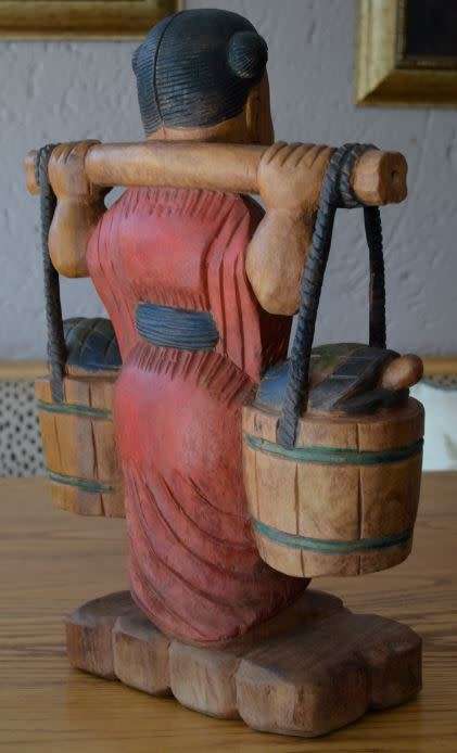 53CMS ASIAN WOOD FIGURINE GIRL WATER CARRIER - from SUEZYT