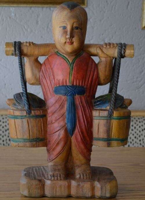 53CMS ASIAN WOOD FIGURINE BOY WATER CARRIER - from SUEZYT