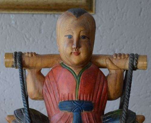 53CMS ASIAN WOOD FIGURINE BOY WATER CARRIER - from SUEZYT