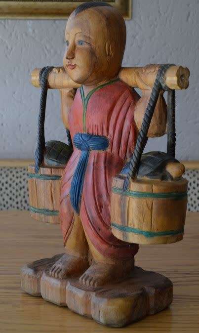 53CMS ASIAN WOOD FIGURINE BOY WATER CARRIER - from SUEZYT