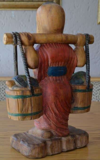 53CMS ASIAN WOOD FIGURINE BOY WATER CARRIER - from SUEZYT