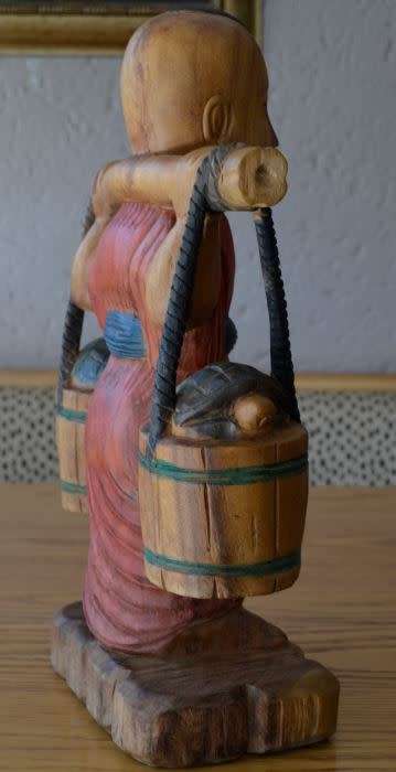 53CMS ASIAN WOOD FIGURINE BOY WATER CARRIER - from SUEZYT