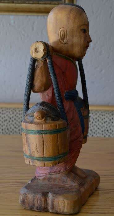 53CMS ASIAN WOOD FIGURINE BOY WATER CARRIER - from SUEZYT