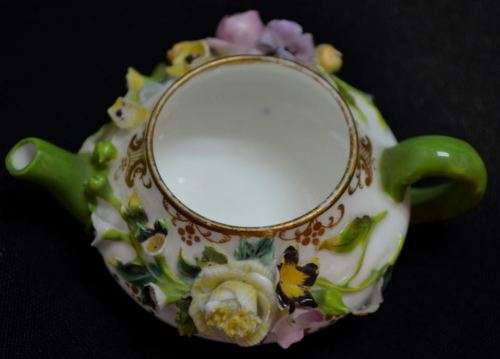 MEISSEN RARE MINIATURE TEAPOT AND DUO WITH APPLIED FLOWERS - from SUEZYT