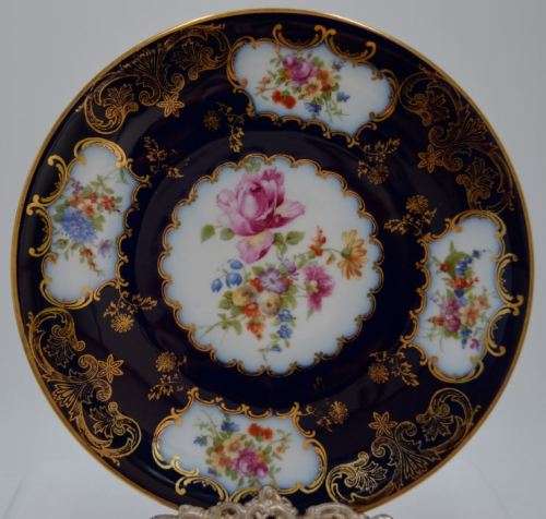 CZECH EPIAG PLATE - COBALT WITH PINK FLORAL - from SUEZYT