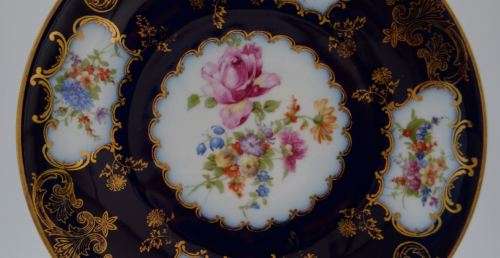 CZECH EPIAG PLATE - COBALT WITH PINK FLORAL - from SUEZYT