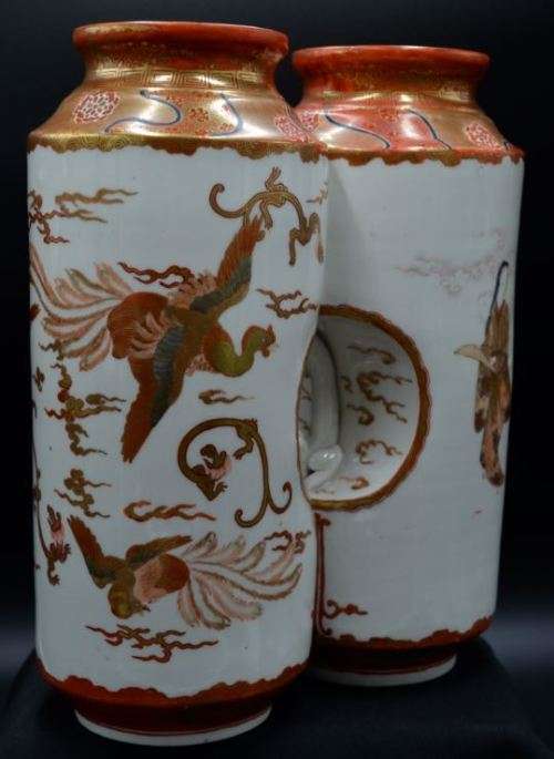 RARE JAPANESE KUTANI WARE CONJOINED DOUBLE VASE - from SUEZYT