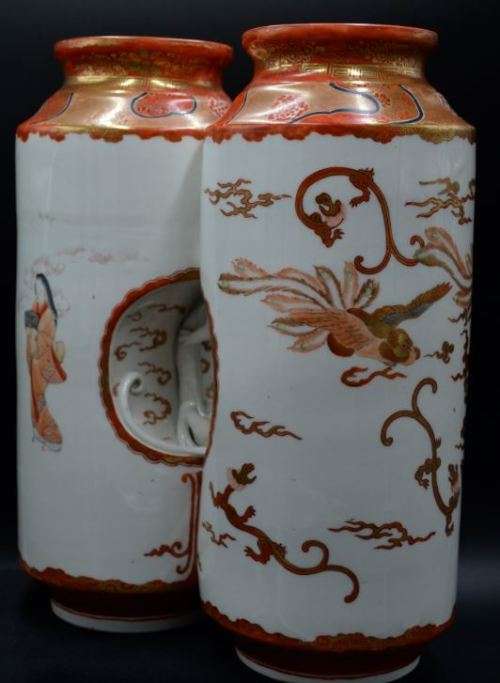 RARE JAPANESE KUTANI WARE CONJOINED DOUBLE VASE - from SUEZYT
