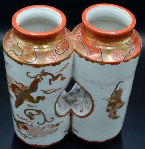 RARE JAPANESE KUTANI WARE CONJOINED DOUBLE VASE - from SUEZYT