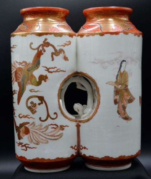 RARE JAPANESE KUTANI WARE CONJOINED DOUBLE VASE - from SUEZYT