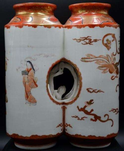 RARE JAPANESE KUTANI WARE CONJOINED DOUBLE VASE - from SUEZYT
