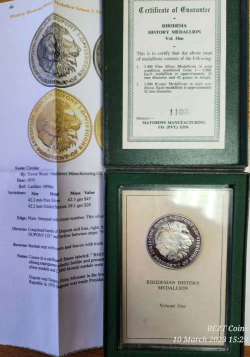 Rhodesian History Medallion Volume 1: First President C.W. Dupont ( Pure Silver)