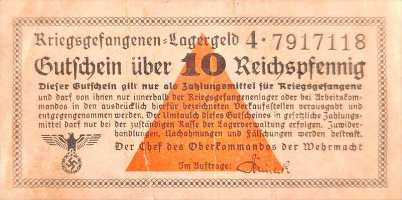 GERMAN - POW - WW2 -- 10 REICHSMARK 1939-1944 -- G/VG -- LAGERGELD -- RARE