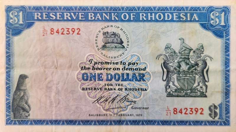 ONE DOLLAR $1  Rhodesia Feb 1970