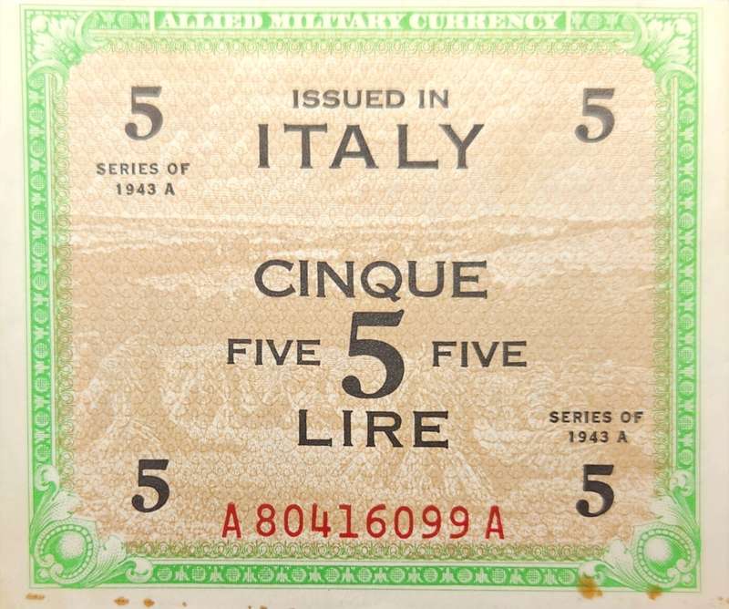 ALLIED MILITARY CURRENCY ITALY - 5 LIRE - 1943 - EF - A Series !  Rare to see in this condition !